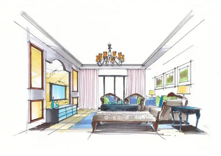 马克笔手绘  #手绘  #效果图  #室内手绘效果图  #马克笔 #客厅手绘