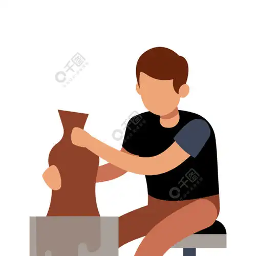 卡通孤立插图男人用粘土做花盆陶艺工作室男性角色手工陶瓷花瓶天才