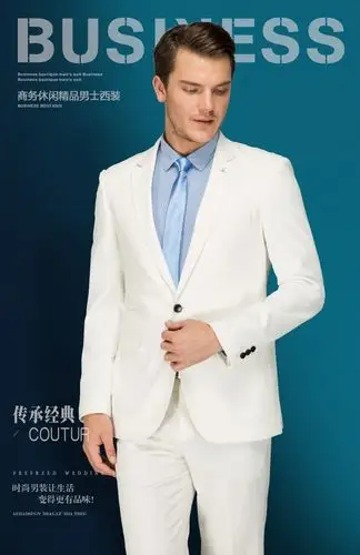 男士西装两件套婚礼新郎圆领白色礼服宴会酒会晚会主持人演员西服