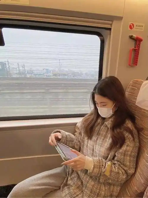 天气好乘坐高铁二等车自拍照