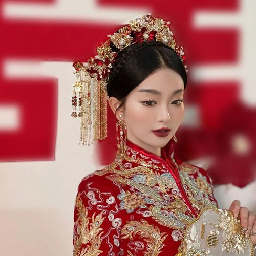 红秀禾头饰新娘秀禾服结婚中式婚服头饰凤冠步摇古风新娘头饰婚礼