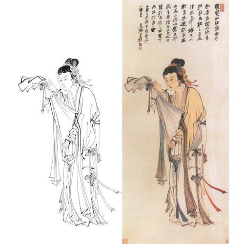 张大千工笔人物白描底稿线稿透稿勾线临摹实物打印稿l604