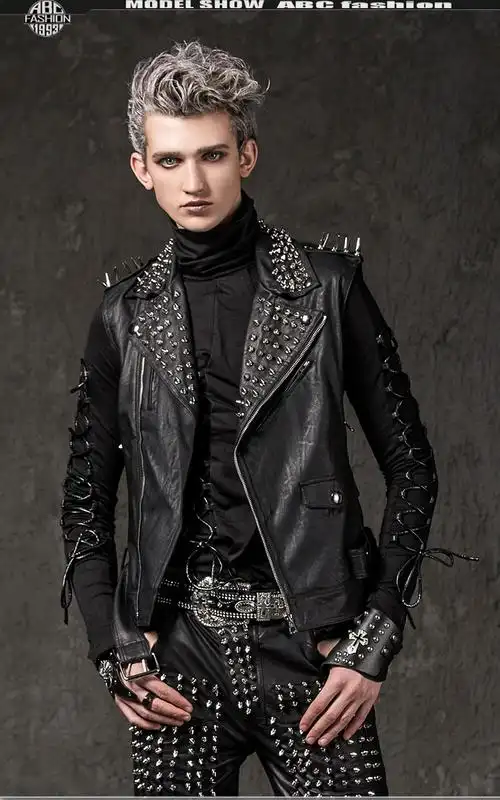 男士铆钉皮马甲男歌手摇滚演出服 发型师