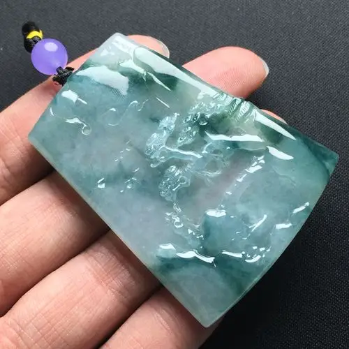 冰糯种飘花山水牌天然翡翠吊坠