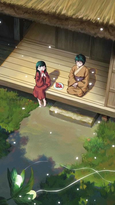 卡通女孩萤火虫和服坐着gif动图_动态图_表情包下载_soogif