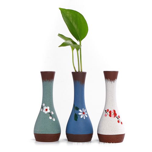 手绘梅菊紫砂粗陶小花瓶 创意陶瓷花插工艺家居摆件 礼品桌面摆件