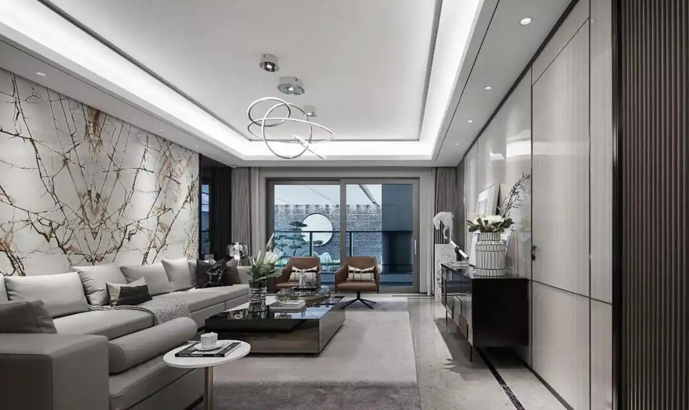 大平层设计:现代轻奢风沙发背景墙的大理石真的很大气 [微风][微风]