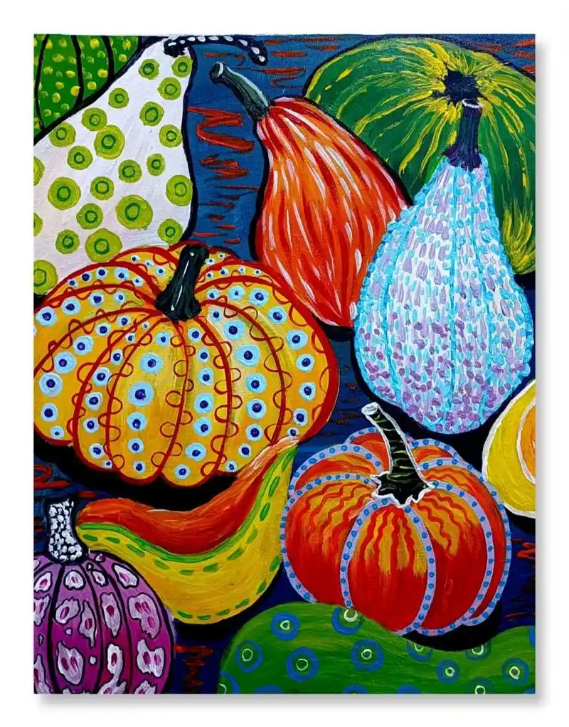 创意美术——南瓜 绘画主题:色彩装饰画《南瓜》 时候年龄:8—10岁