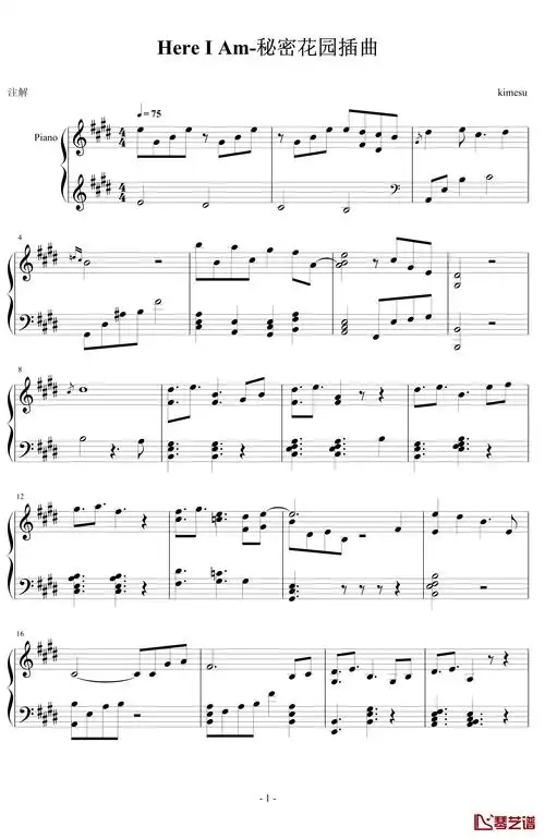 秘密花园插曲钢琴谱-here i am-韩日剧-曲谱网