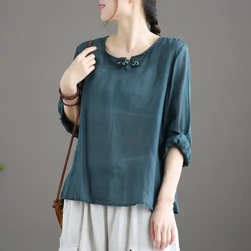 dza文艺复古棉麻上衣女士盘扣套头衬衫长袖薄款夏季新款苎麻衬衣