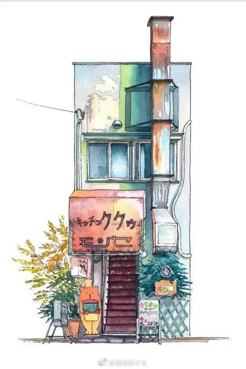 钢笔淡水彩小房子