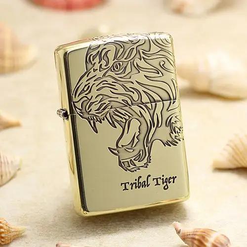 zippo打火机动物系3面雕刻咆哮的老虎金色zbt3111a