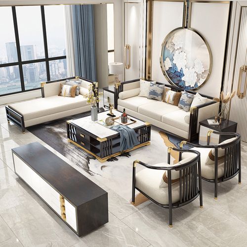 新中式大理石户型小户布艺沙发轻奢茶几别墅客厅组合实木沙发