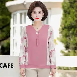 新款t恤小衫打底衫洋气春秋装妈妈长袖针织上衣时尚中老年女装薄