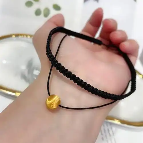 老凤凰 黄金黑绳项链女猫眼珠足金转运珠吊坠手工编织绳双层锁骨链