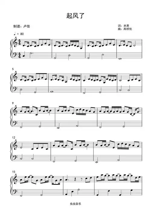 起风了(简易版)钢琴谱-c调-虫虫钢琴