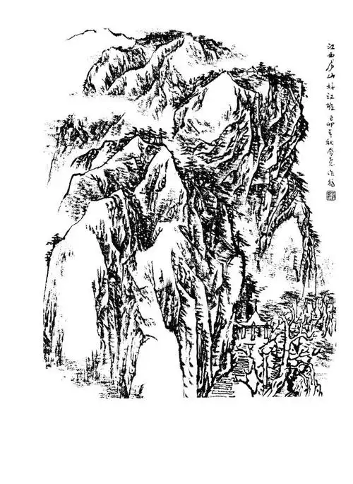 扇面,白描山水画稿,国画白描山水,白描山水线稿,白描山水画线描图片