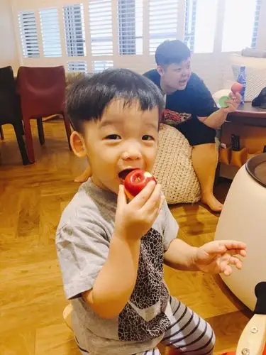 范玮琪晒俩儿子日常 吃苹果玩水尽显天真烂漫