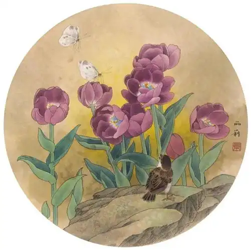 紫色郁金香纸本设色43×43cm2015年春天里系列三纸扇22×20cm2020年
