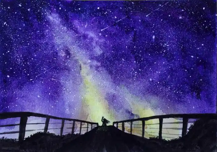 紫色星空水粉画星空