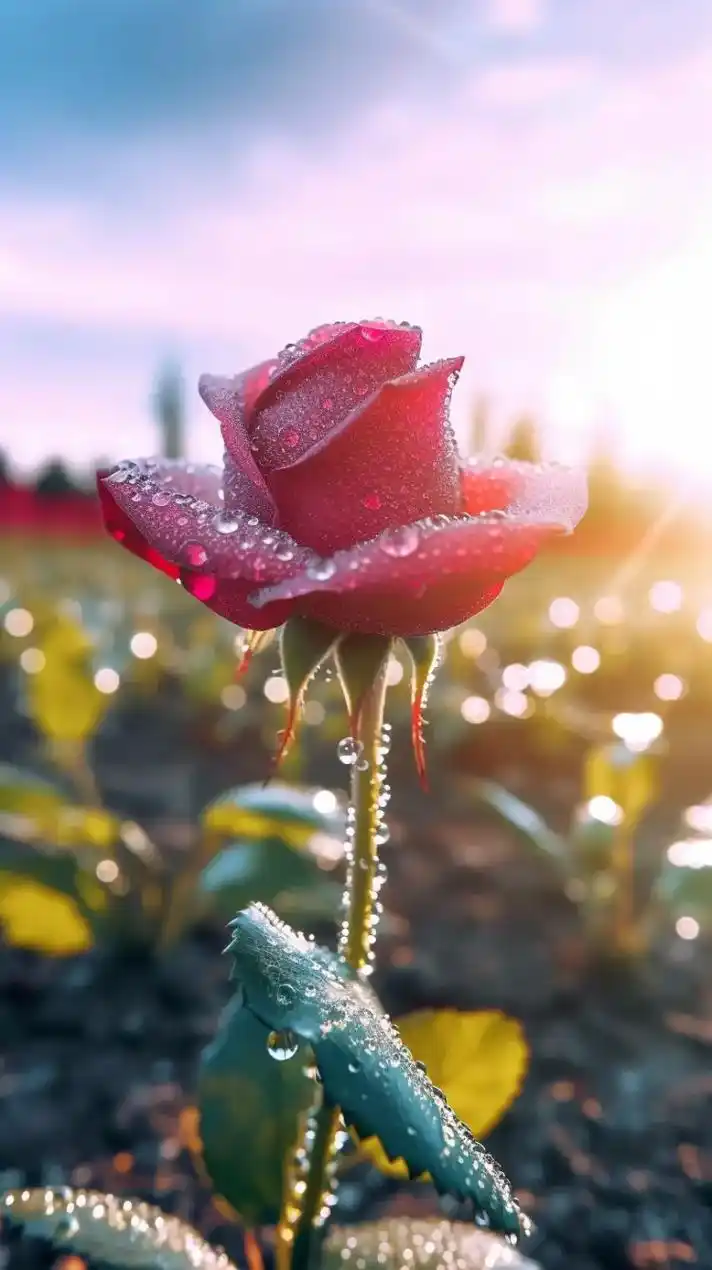 在阳光下绽放的七彩斑斓玫瑰花,花瓣上布满晶莹的露珠,美轮美奂 - 抖