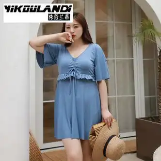 大码泳衣女遮肚200斤胖妹妹mm保守v领连体裙式大胸显瘦遮肉韩国水上