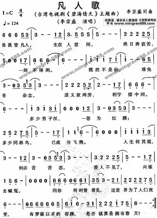 《凡人歌吉他谱》_李宗盛_c调_吉他图片谱1张