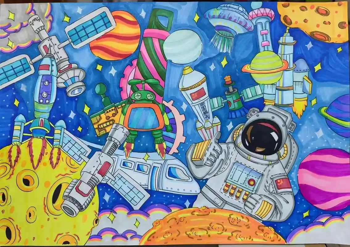 中国式现代化 #马克笔儿童画 #科幻绘画作品大全 #天宫画展