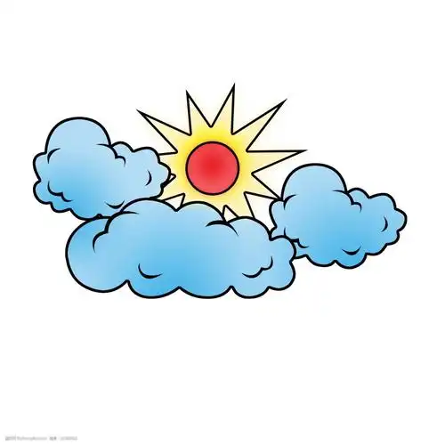 多云转晴卡通插画 多云转晴 红色太阳 阳光装饰 蓝色的云朵 乌云 天气