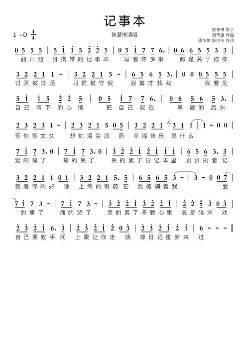 记事本智能简谱陈慧琳演唱