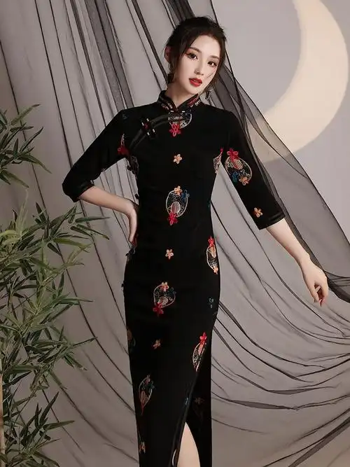 黑色旗袍2021年新款复古民国长款年轻款高端气质长袖中国风改良版