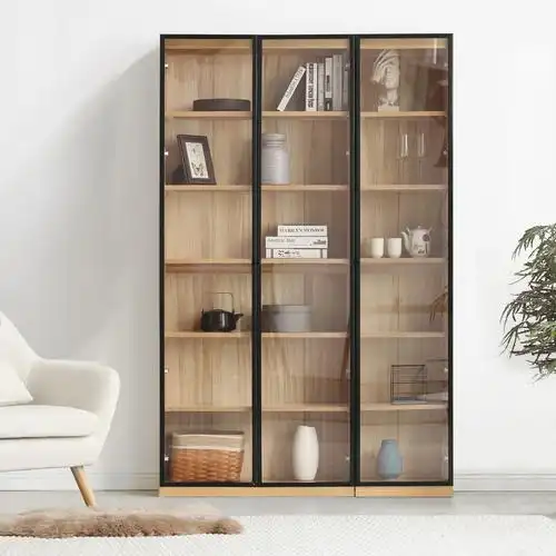 源氏木语实木书柜简约现代书房家具橡木置物柜客厅带玻璃门展示柜