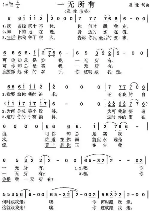《一无所有》流行音乐简谱