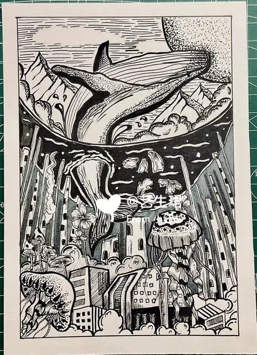 黑白装饰画93超治愈线描1610093海底