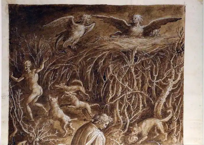 但丁《神曲》图文连载(12):荆棘鸟的刺痛——自杀者丛林(古代手稿插图