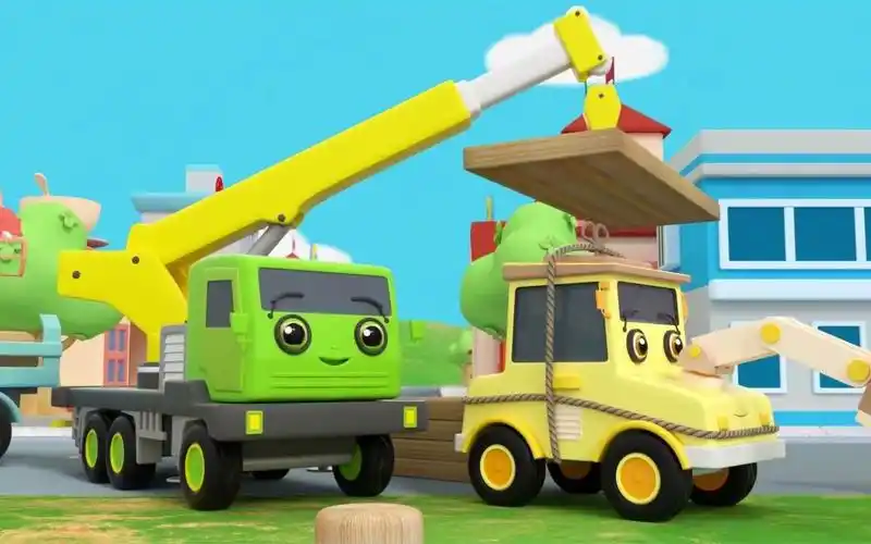 吊车吊起木板,儿童动画 益智 早教 育儿 玩具 启蒙 卡通 汽车玩具动画