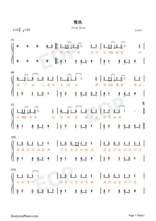 慢热-原调简单版-我不应该慢热着沉默假装冷漠一笑带过-抖音双手简谱