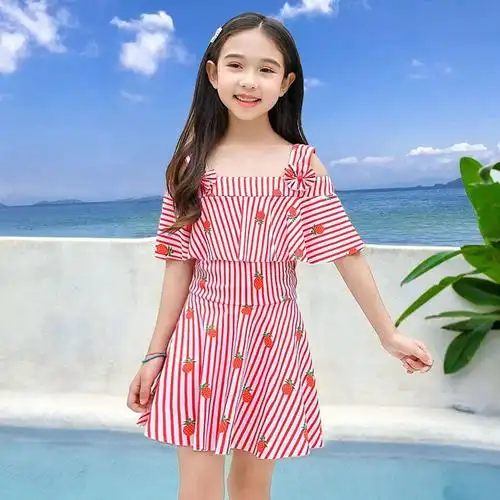 儿童泳衣女女童裙式连体保守小学生中大童公主可爱洋气游泳衣