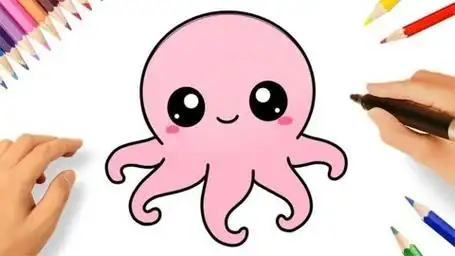 儿童简笔画第一套(50集)第6集:可爱章鱼从线稿到上色完整参考