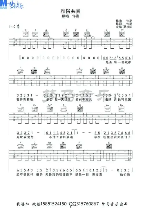 许嵩- 雅俗共赏 [弹唱] 吉他谱