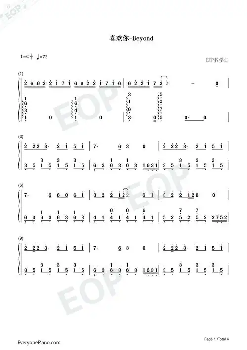 喜欢你-beyond-eop教学曲双手简谱预览1