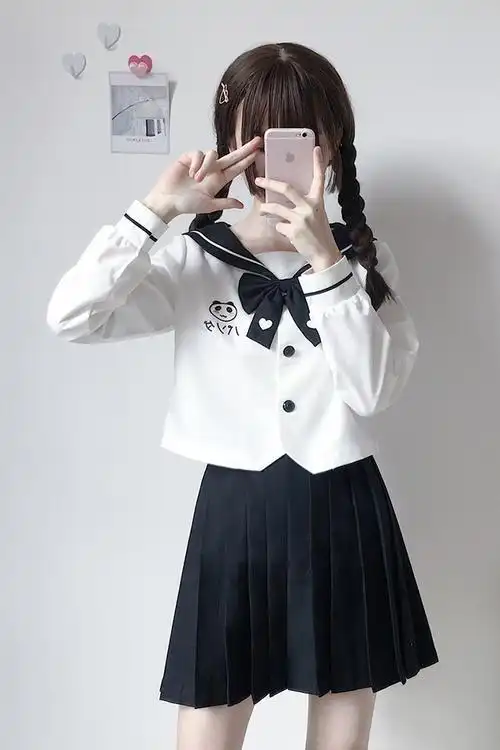 熊猫刺绣甜美可爱软妹正统jk制服水手服女绀百褶裙学生班套装