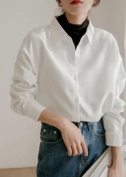 白色衬衫女磨毛灯芯绒内搭小众复古叠穿宽松长袖衬衣外套秋冬,女装