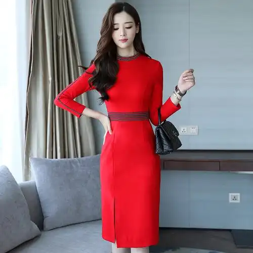 女士秋季新品长袖连衣裙女装中长款职业包臀修身气质ol打底一步裙