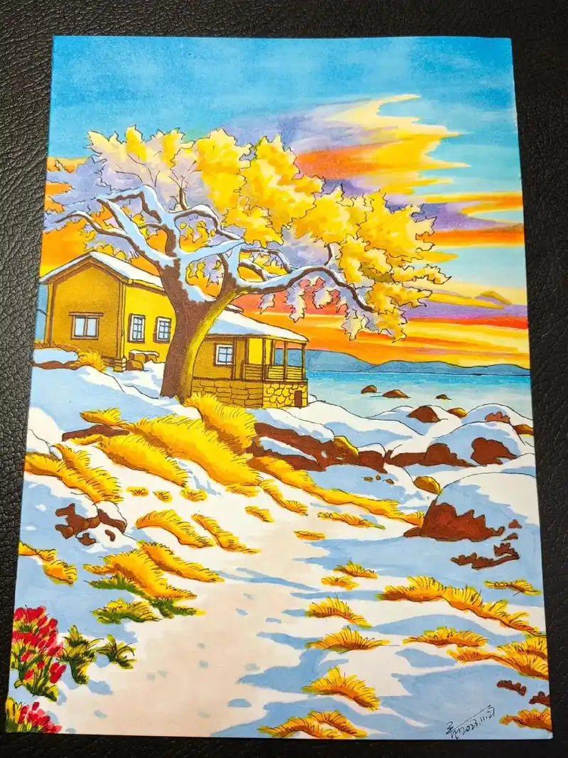 马克笔手绘,风景画.雪景,冬天来啦,治愈风景画～ #画画#雪 - 抖音
