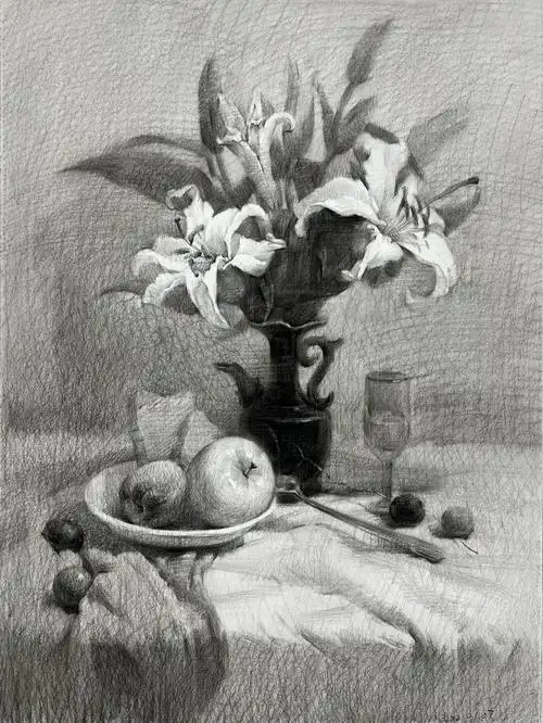 素描静物花卉素描百合花