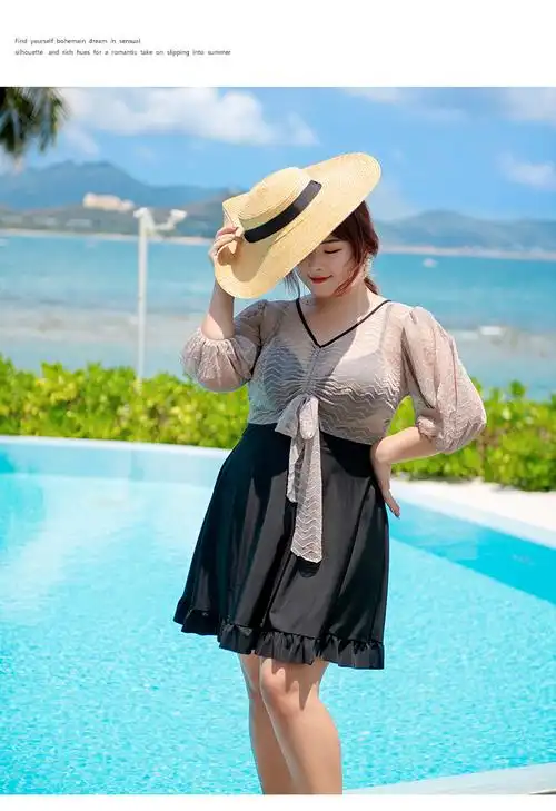 新款加肥大码泳衣女胖mm200斤遮肚宽松保守连体性感蕾丝裙式泳装