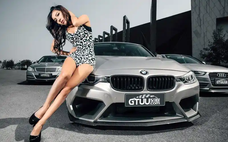 性感豹纹辣妹车模宝马新3系壁纸