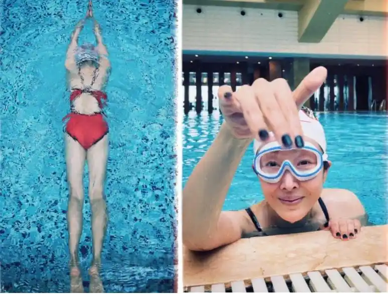 50岁孙悦酒店内素颜游泳!穿泳衣身材修长,工作到凌晨五点太敬业