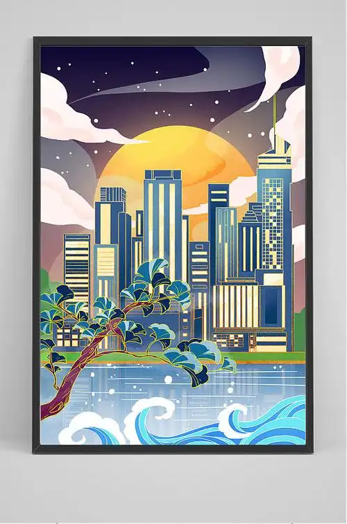 精品夜晚大城市建筑插画设计-众图网